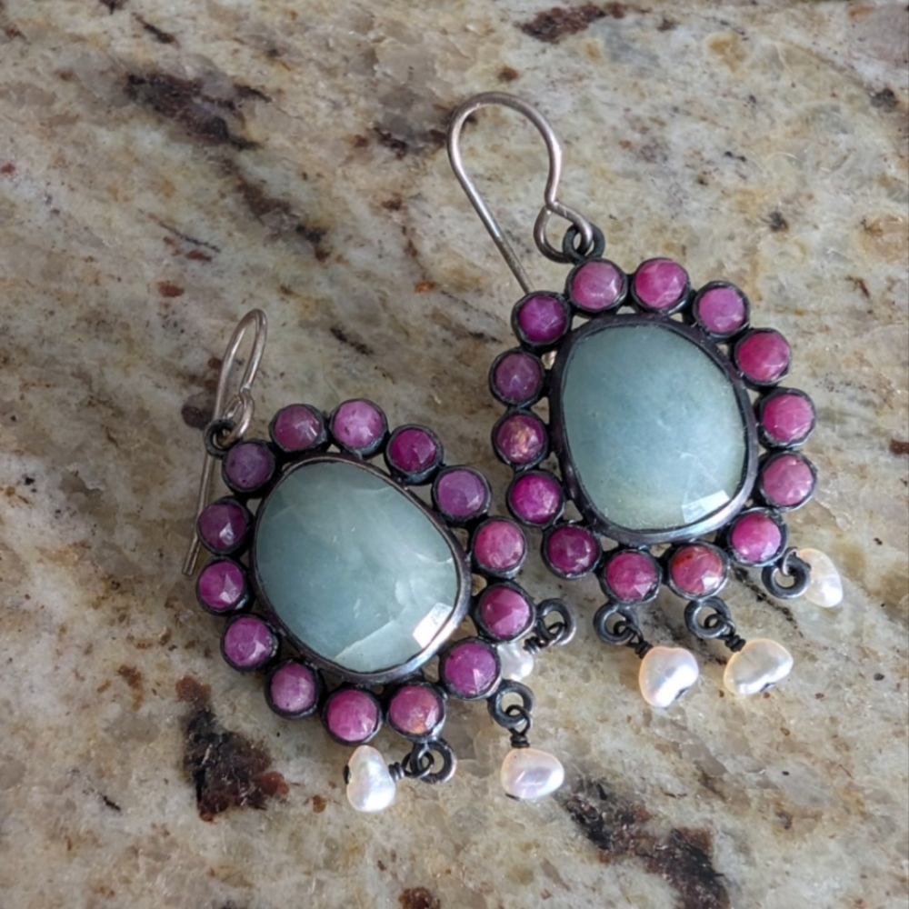 Jes Maharry Elegant Ruby, Aquamarine and Pearls Earrings